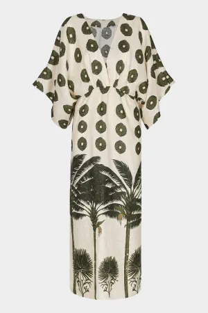 Topacio Linen Maxi Dress in Cream Maxi Palms Green