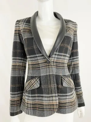 Two Penny Blue Wool Blazer W/Faux Leather Trim Size 2
