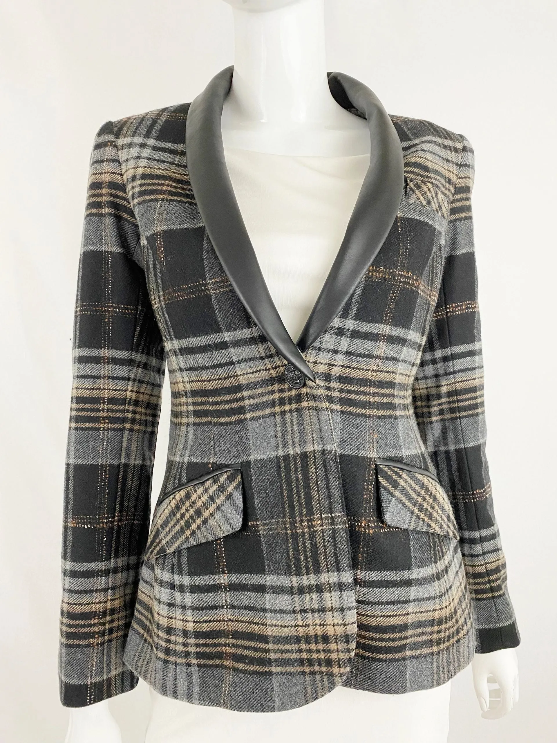 Two Penny Blue Wool Blazer W/Faux Leather Trim Size 2
