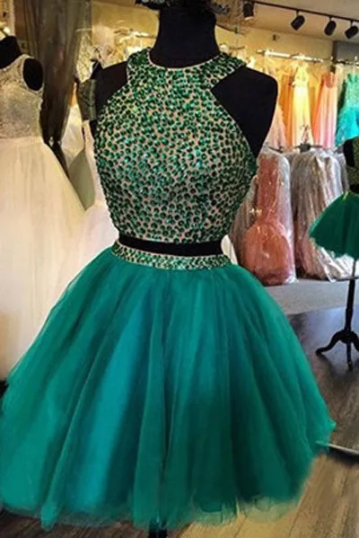 Two Pieces Beaded Bodice Boho Hoco Homecoming Dresses Short Prom Dress, SH316