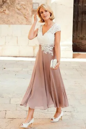 V-neck Chiffon Mother of the Bride Lace Dress with Cap Sleeves