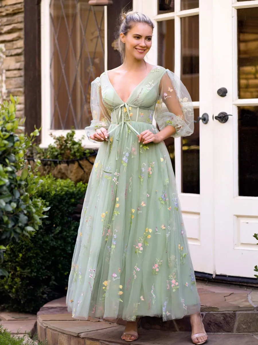 V-neck Embroidery Maxi Length Tulle Corset Floral Prom Dresses