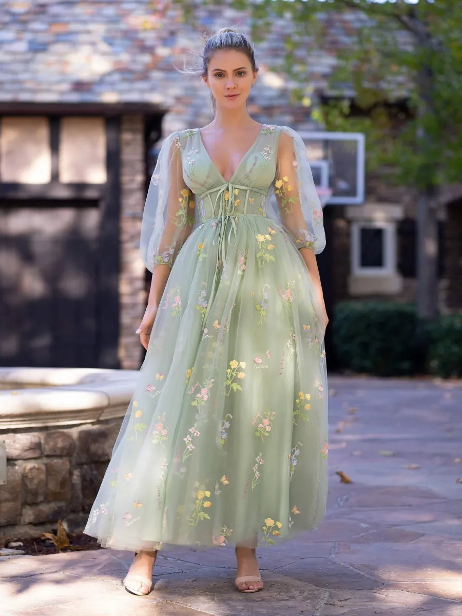 V-neck Embroidery Maxi Length Tulle Corset Floral Prom Dresses