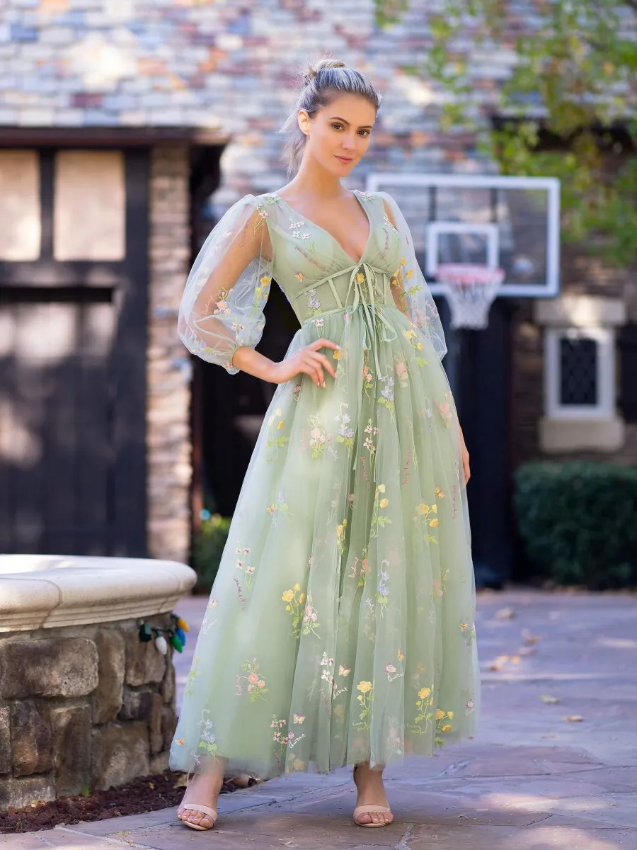 V-neck Embroidery Maxi Length Tulle Corset Floral Prom Dresses