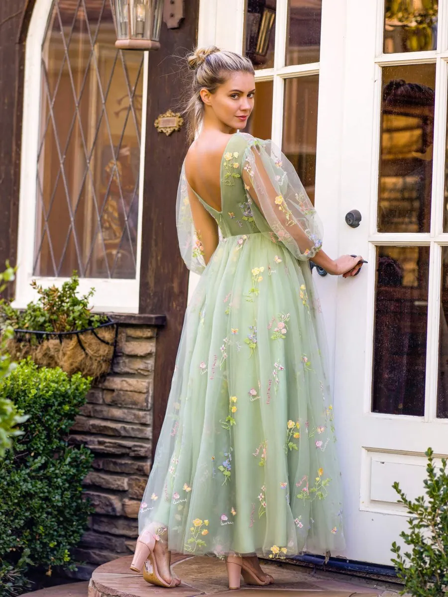 V-neck Embroidery Maxi Length Tulle Corset Floral Prom Dresses