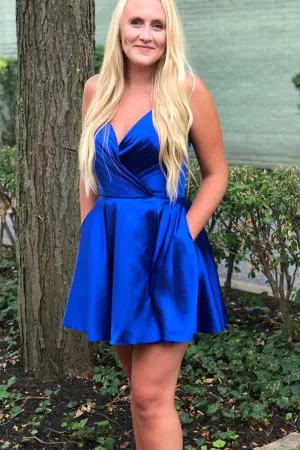 V-Neck Spaghetti Straps Stain Homecoming Dresses