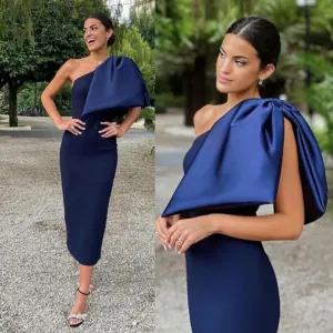 Vanilla Vogue One Shoulder Tea Length Navy Blue Bowknot Satin Formal Evening Gown