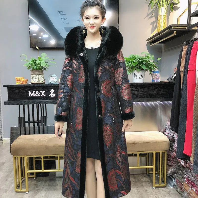 Vintage  Printed Faux Fur Coats Women's Long Calf-length  Flocking Reversible Faux Fur Coats