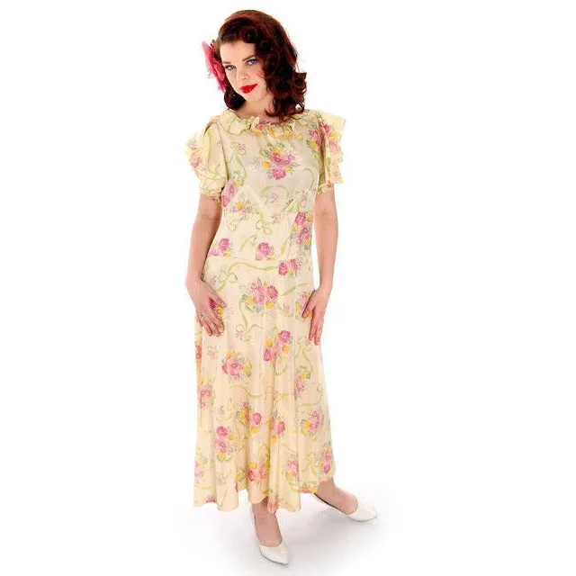 Vintage Rayon Tea Gown Shabby Chic FLoral 1930s 37-30-41