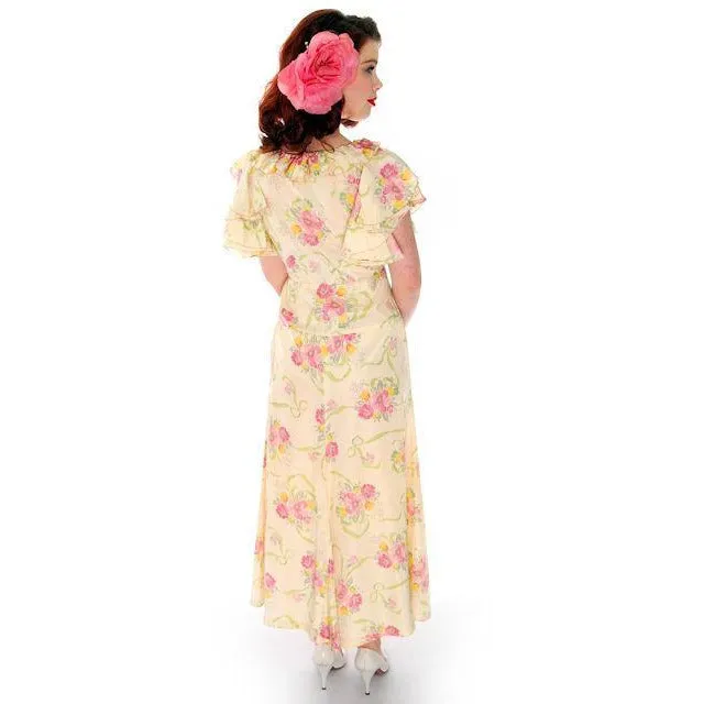 Vintage Rayon Tea Gown Shabby Chic FLoral 1930s 37-30-41