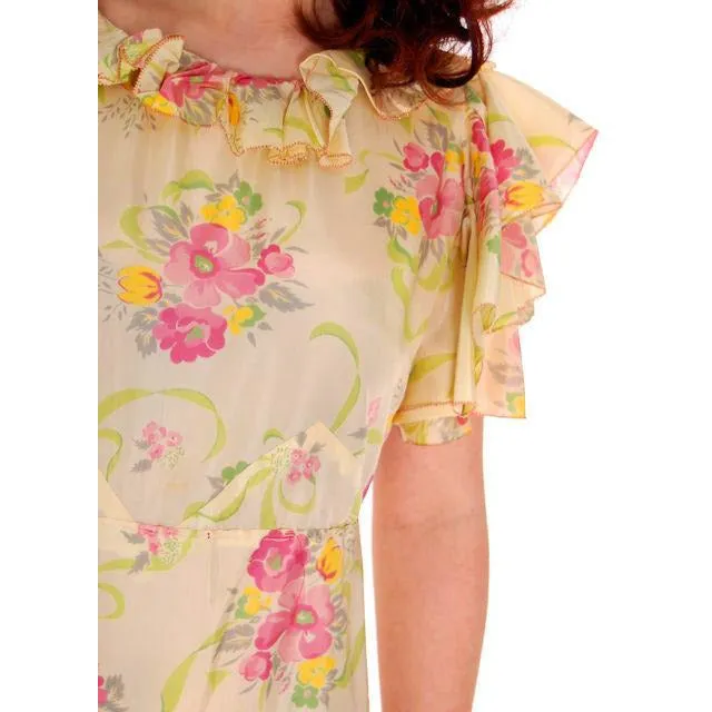 Vintage Rayon Tea Gown Shabby Chic FLoral 1930s 37-30-41