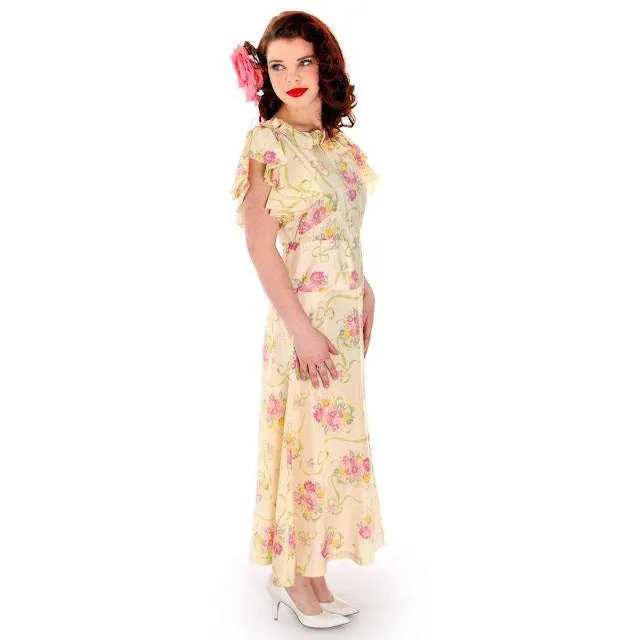 Vintage Rayon Tea Gown Shabby Chic FLoral 1930s 37-30-41