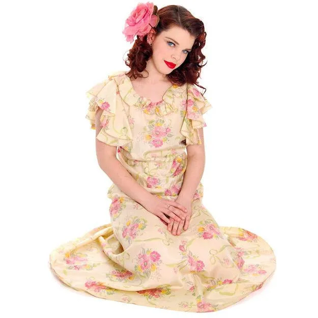 Vintage Rayon Tea Gown Shabby Chic FLoral 1930s 37-30-41
