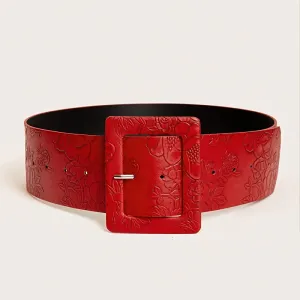 Vintage Red Embossed Wide Belt for Women Adjustable Waistband