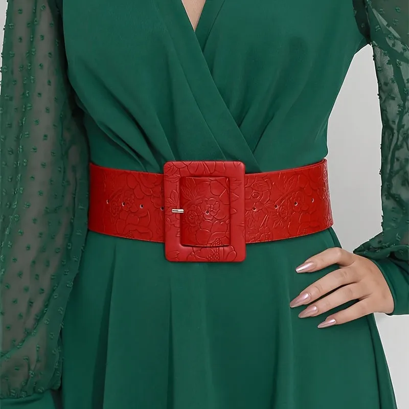 Vintage Red Embossed Wide Belt for Women Adjustable Waistband