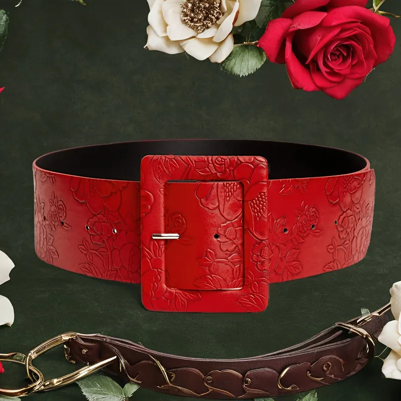 Vintage Red Embossed Wide Belt for Women Adjustable Waistband