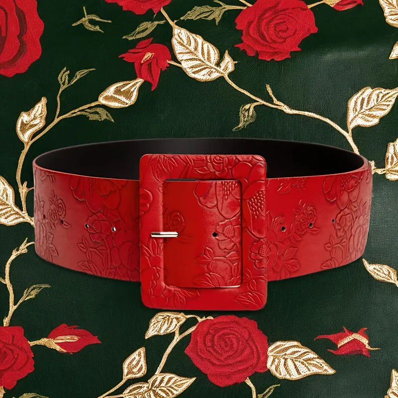 Vintage Red Embossed Wide Belt for Women Adjustable Waistband