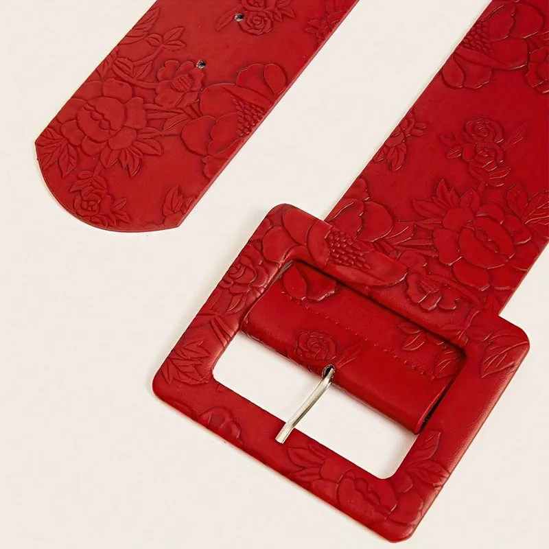 Vintage Red Embossed Wide Belt for Women Adjustable Waistband