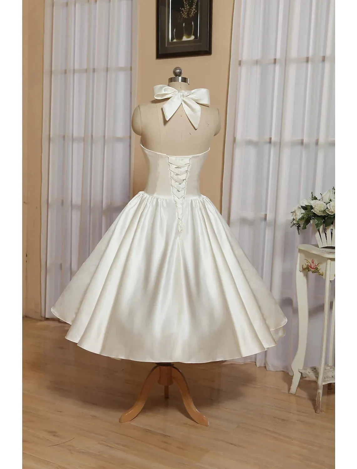 White A-Line Halter Sleeveless Tea Length Satin Bridal Gowns With Bow(s) Pleats
