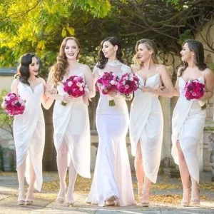 White Chiffon Side Split Spaghetti Strap Sexy Tea Length Bridesmaid Dresses, WG177