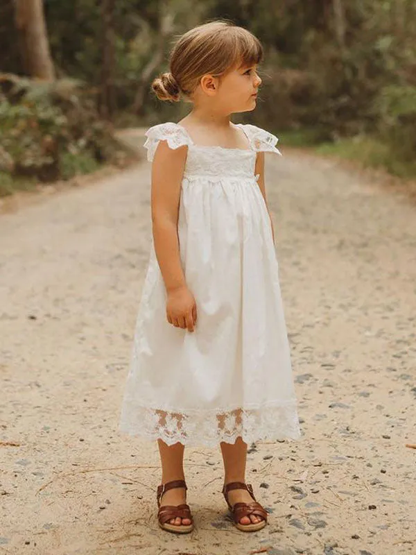 White Jewel Neck Sleeveless Lace Kids Social Party Dresses