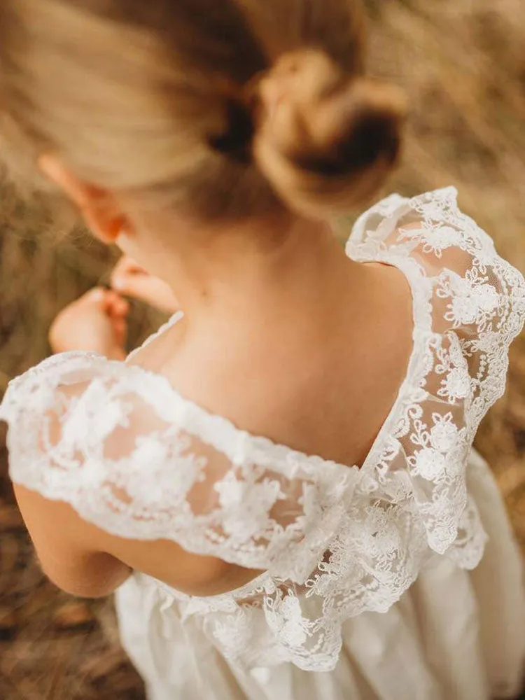White Jewel Neck Sleeveless Lace Kids Social Party Dresses