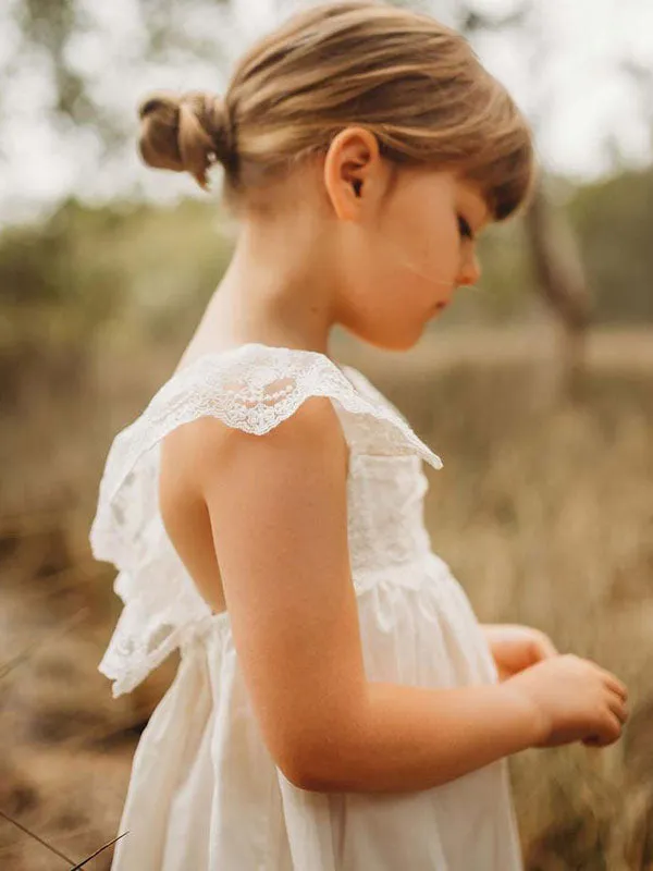 White Jewel Neck Sleeveless Lace Kids Social Party Dresses