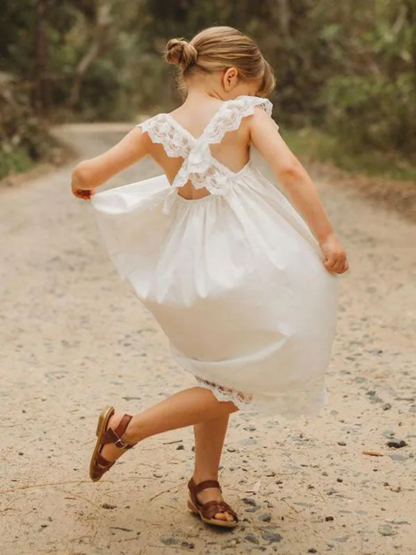 White Jewel Neck Sleeveless Lace Kids Social Party Dresses