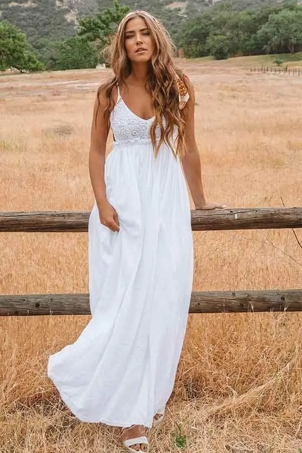White Lace A-Line Backless Scoop Floor Length Beach Wedding Dresses, SW370