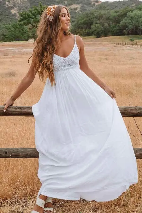 White Lace A-Line Backless Scoop Floor Length Beach Wedding Dresses, SW370