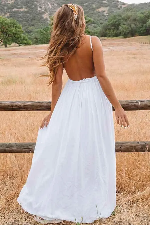 White Lace A-Line Backless Scoop Floor Length Beach Wedding Dresses, SW370