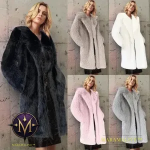 White Long Faux Fur Coat Women Autumn Winter Large Jacket Overcoat Turn Down Collar Pockets Thick Coat Warm Jackets Maxi Coats