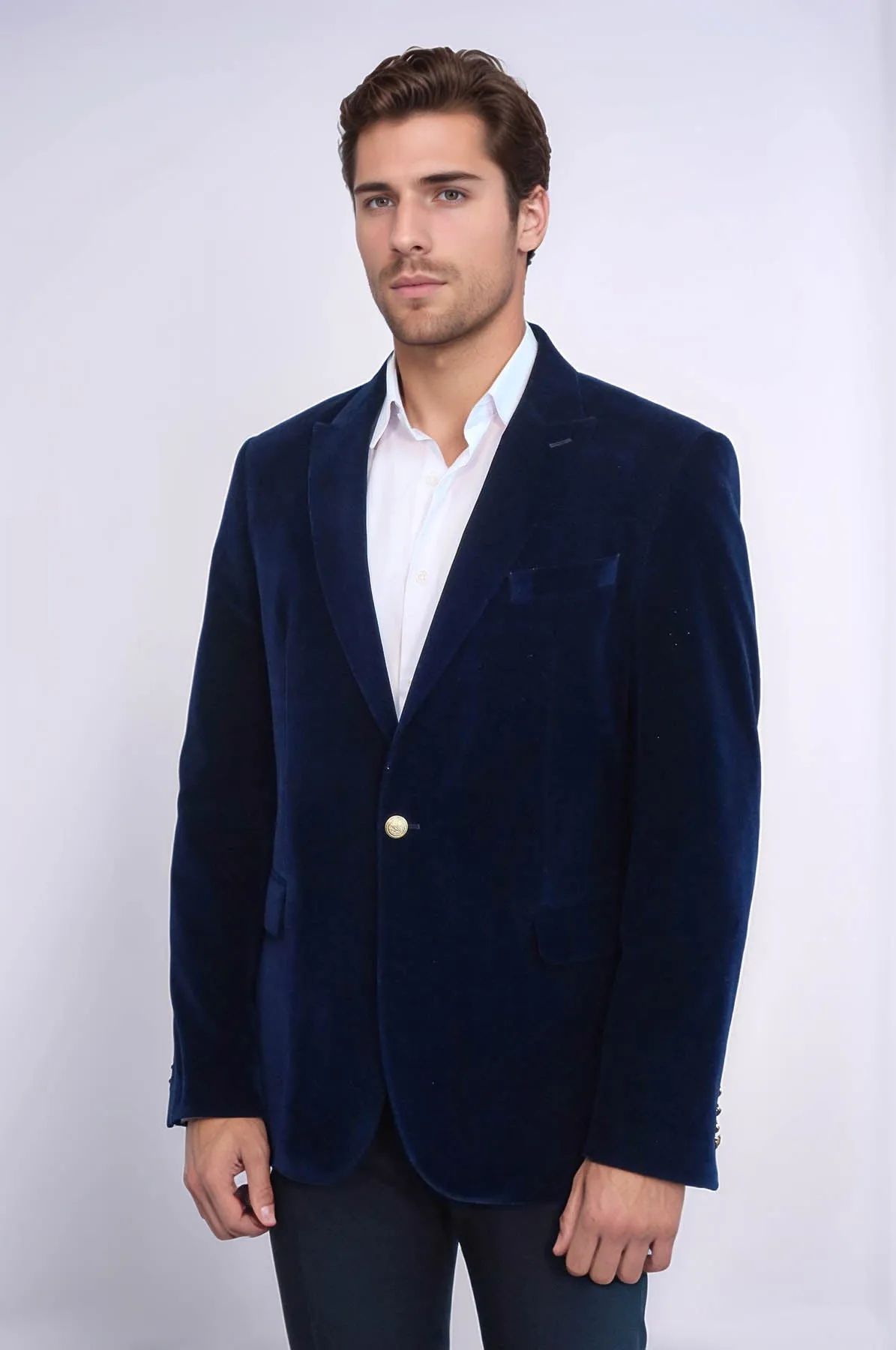 Wide Peak Lapel Velvet Navy Blue Blazer - Wessi