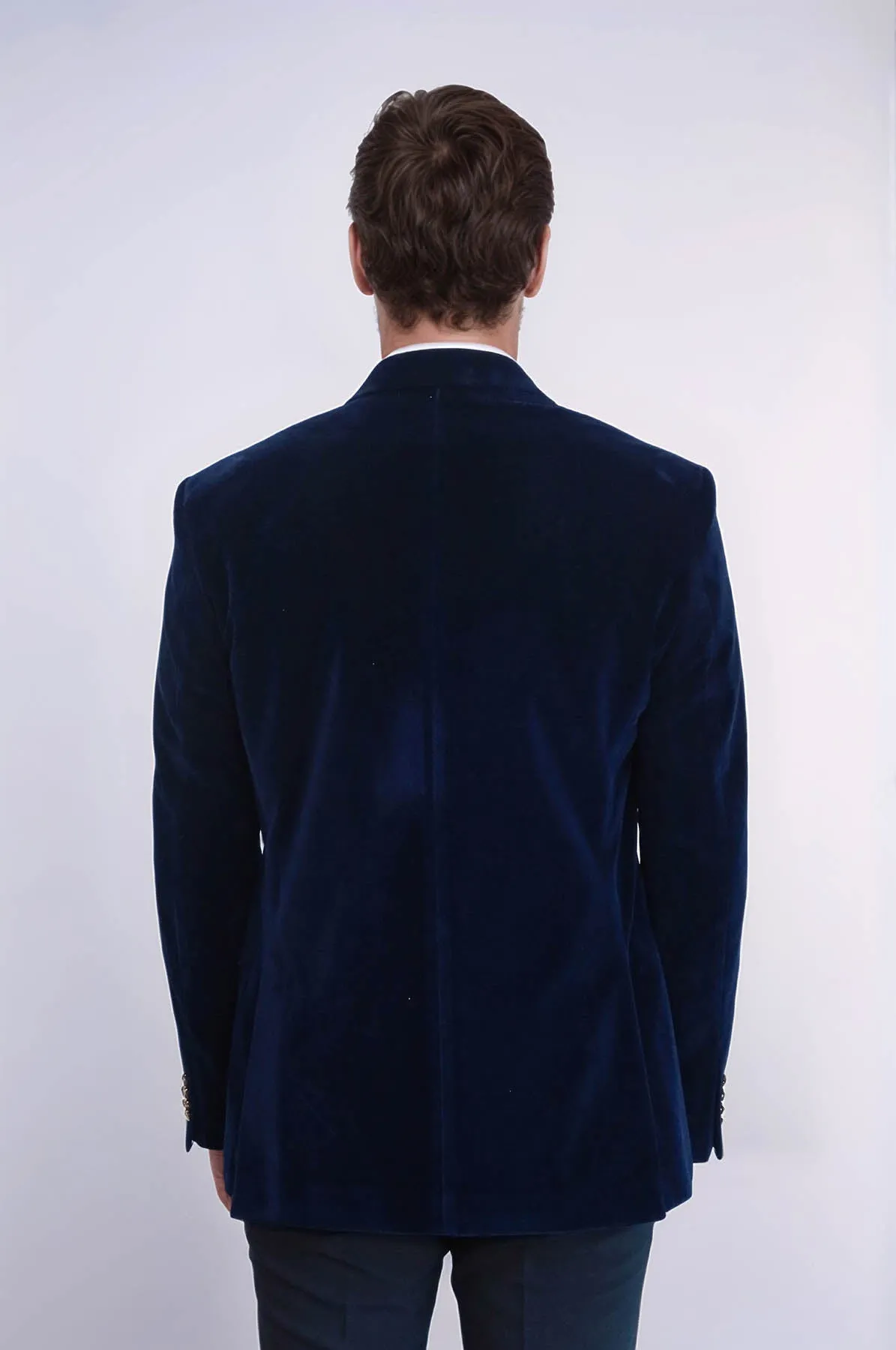 Wide Peak Lapel Velvet Navy Blue Blazer - Wessi