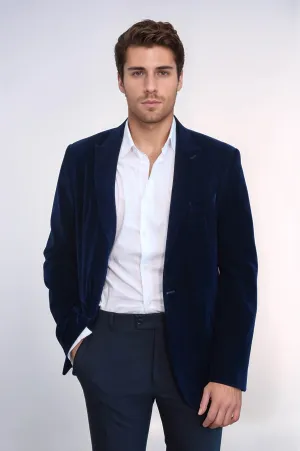 Wide Peak Lapel Velvet Navy Blue Blazer - Wessi