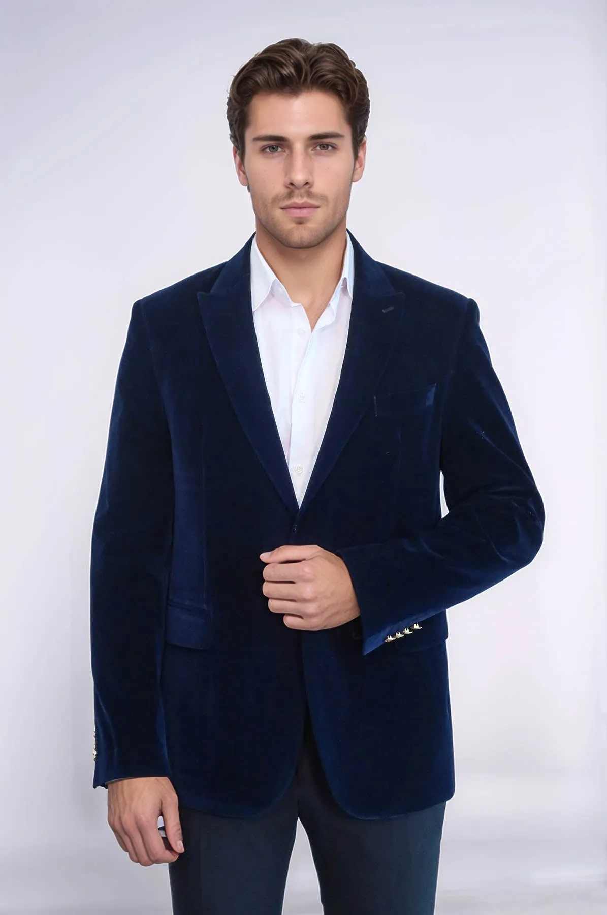 Wide Peak Lapel Velvet Navy Blue Blazer - Wessi
