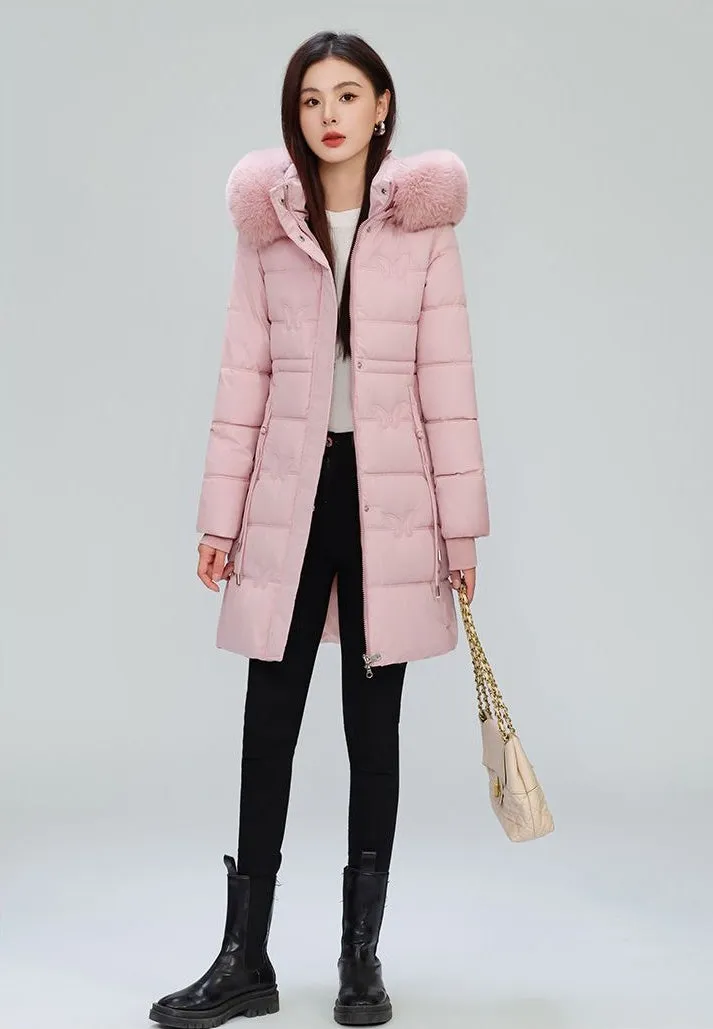 Windproof Quilted Puffer Coat for Women with Padded Thigh-length Design