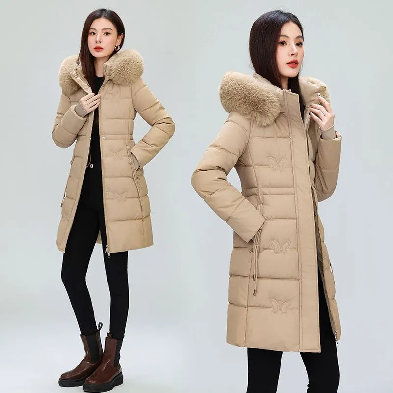 Windproof Quilted Puffer Coat for Women with Padded Thigh-length Design