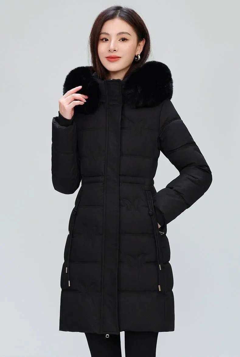 Windproof Quilted Puffer Coat for Women with Padded Thigh-length Design