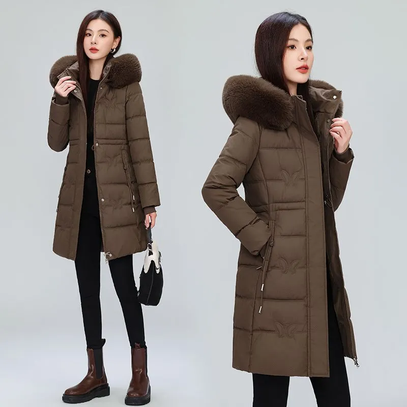 Windproof Quilted Puffer Coat for Women with Padded Thigh-length Design