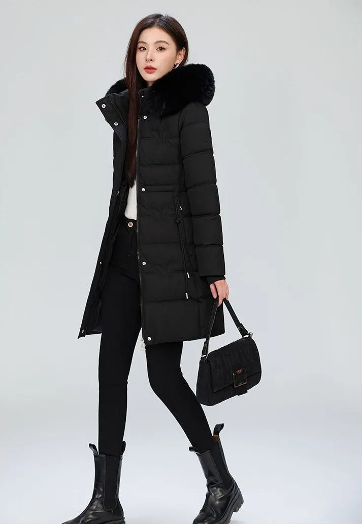 Windproof Quilted Puffer Coat for Women with Padded Thigh-length Design