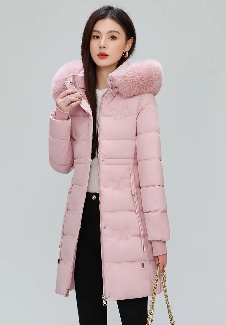 Windproof Quilted Puffer Coat for Women with Padded Thigh-length Design