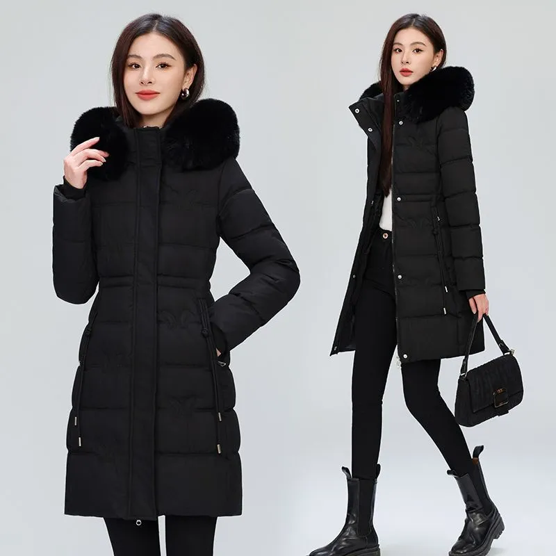 Windproof Quilted Puffer Coat for Women with Padded Thigh-length Design