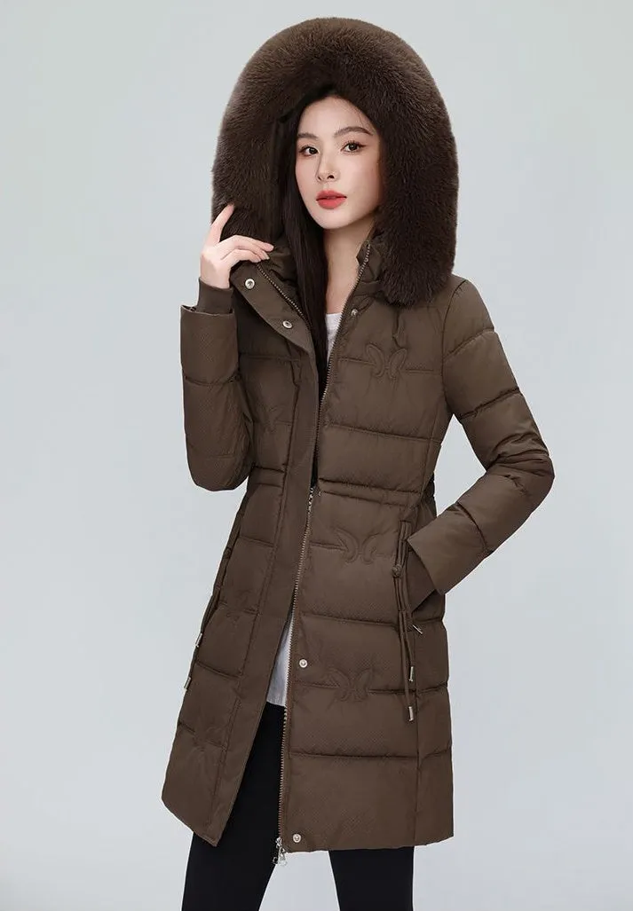 Windproof Quilted Puffer Coat for Women with Padded Thigh-length Design