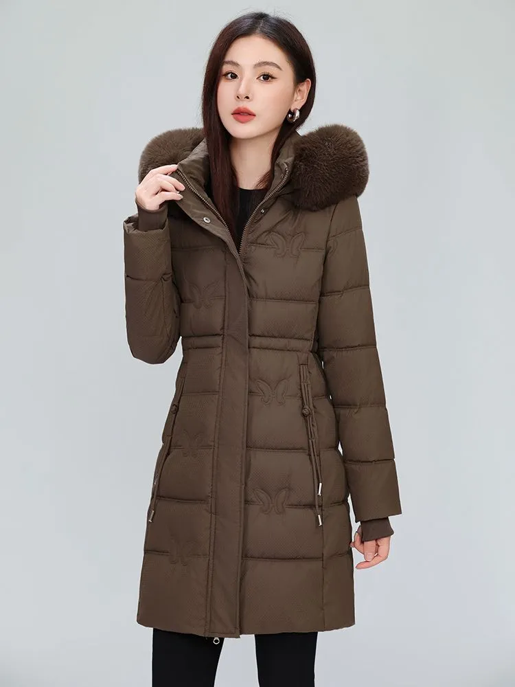 Windproof Quilted Puffer Coat for Women with Padded Thigh-length Design