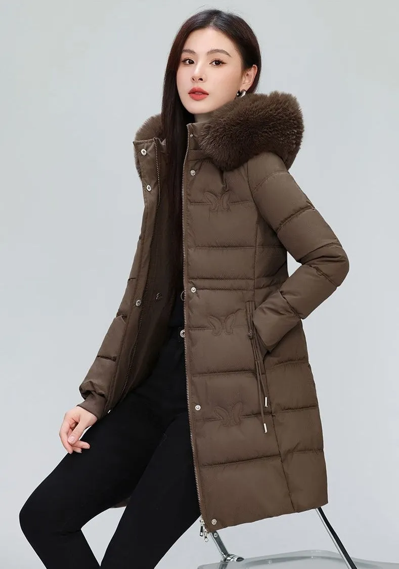Windproof Quilted Puffer Coat for Women with Padded Thigh-length Design