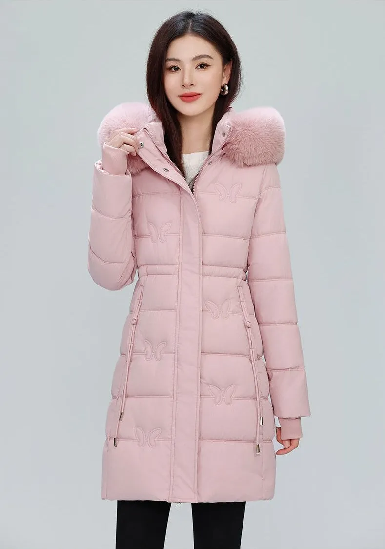 Windproof Quilted Puffer Coat for Women with Padded Thigh-length Design