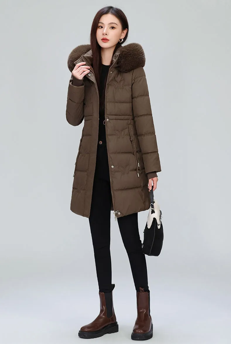 Windproof Quilted Puffer Coat for Women with Padded Thigh-length Design
