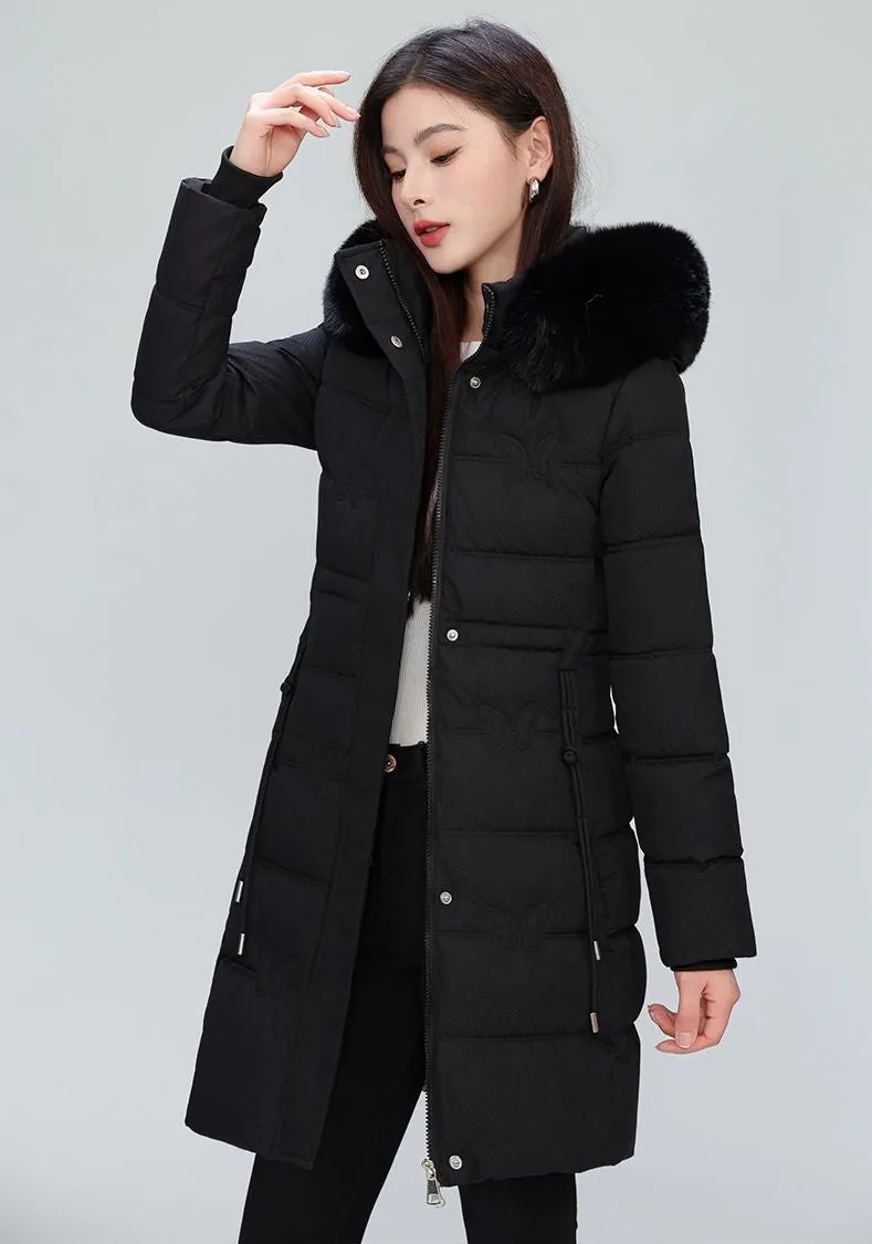Windproof Quilted Puffer Coat for Women with Padded Thigh-length Design