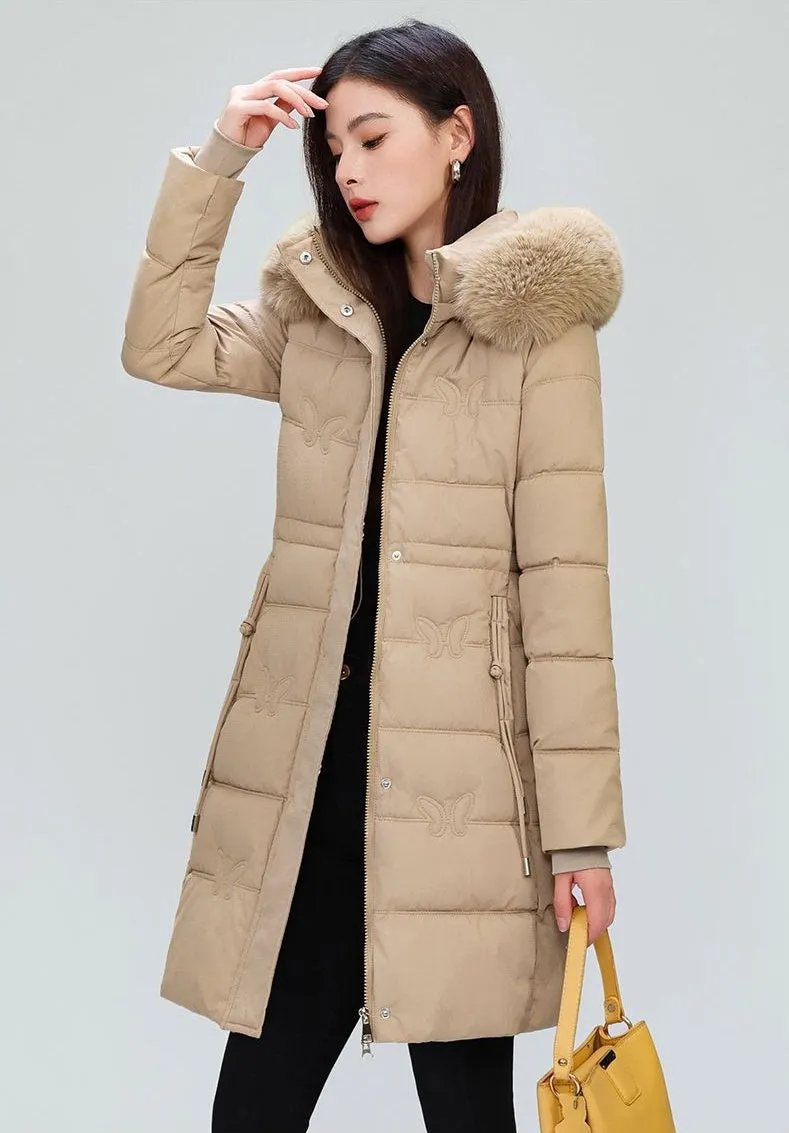 Windproof Quilted Puffer Coat for Women with Padded Thigh-length Design
